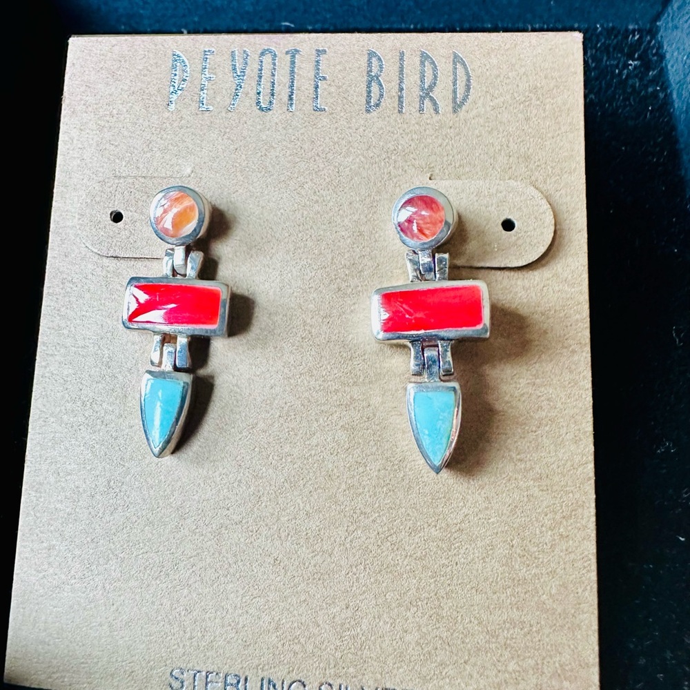 Peyote Bird Sterling Silver Earrings - Red and Blue